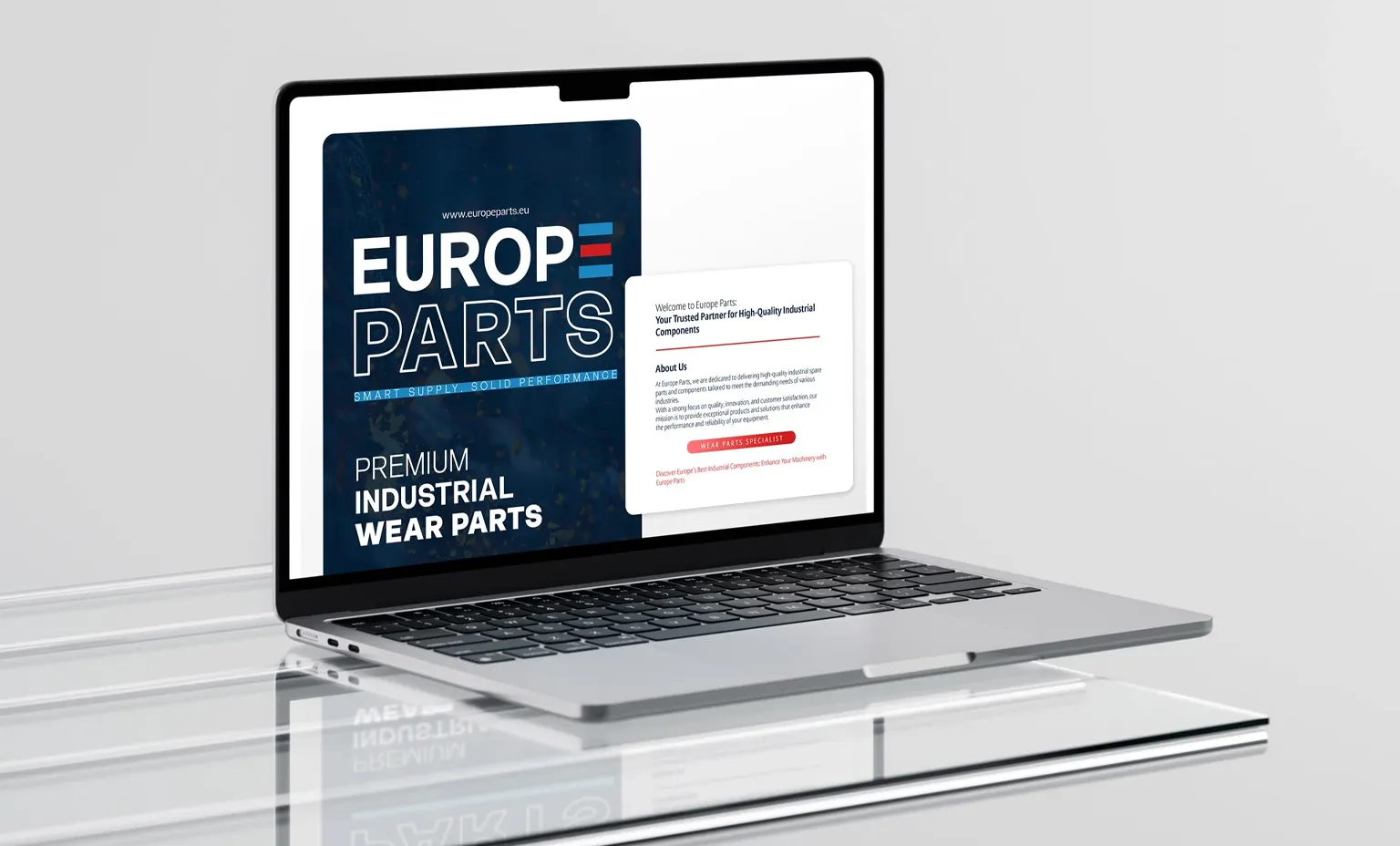 Mockup pe laptop cu designul paginii web oficiale Europe Parts realizat de FloBold.