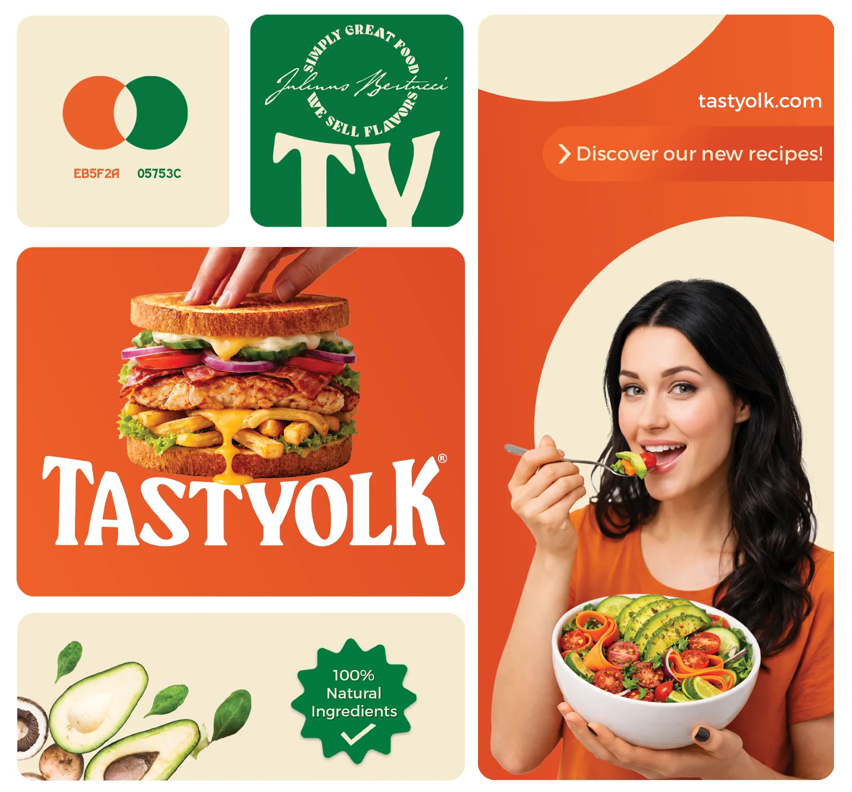 Colaj de branding pentru Tastyolk, conținând logo-ul alb pe fundal portocaliu, o poză cu un burger, coduri de culoare și o femeie cu o salată.