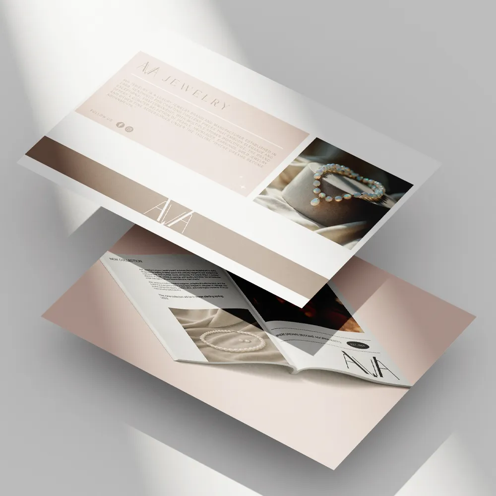 Mockup de postare Facebook și banner social media cu estetică minimalistă în nuanțe bej nute, creat de FloBold pentru brandul premium AVA Jewelry