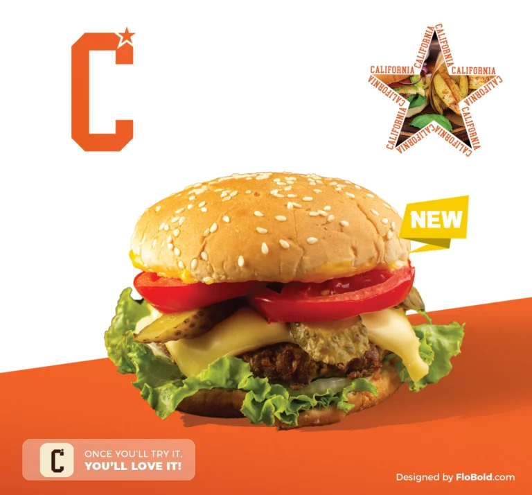 Poster publicitar pentru un burger nou, cu fundal portocaliu și alb, textul California în formă de stea și logo-ul C în colț.