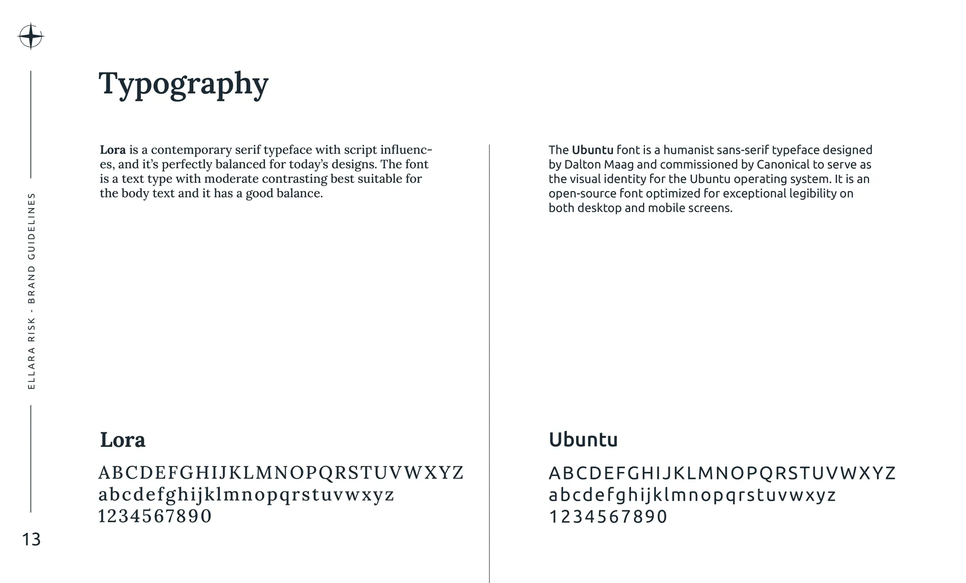 Pagină din manualul de identitate vizuală creat de FloBold, care prezintă cele două fonturi oficiale ale brandului: Lora (serif) pentru textul de corp și Ubuntu (sans-serif) pentru ecrane digitale.