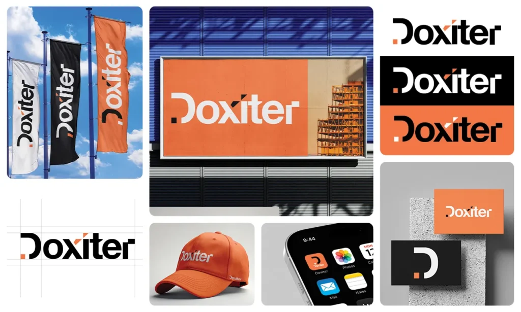 Colaj de branding pentru identitatea vizuală a mărcii Doxiter. Acesta include variante ale logo-ului pe fundal alb, negru și portocaliu, alături de simulări pe steaguri stradale, panou publicitar urban, șapcă, aplicație de mobil și cărți de vizită.