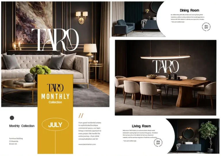 Mockup de broșură și afișe de lux create de FloBold pentru compania de design interior TARO Interiors.