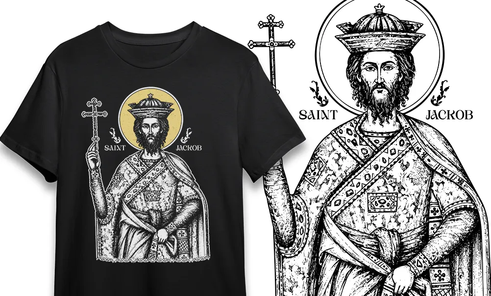 Mockup cu tricou negru FloBold prezentând un design grafic în stil gravură cu Sfântul Iacob purtând coroană și nimb galben