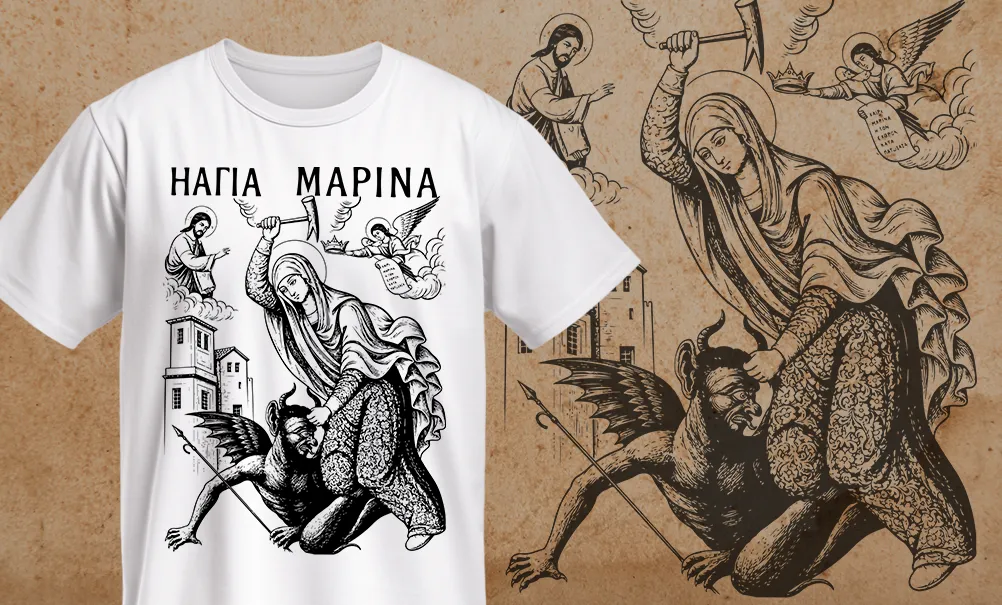 Mockup cu tricou alb FloBold prezentând un design grafic în stil gravură medievală cu Sfânta Marina învingând demonul.