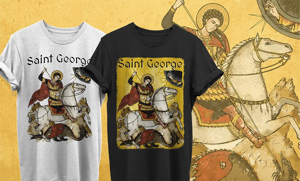 Mockup-uri FloBold cu două tricouri, gri și negru, ilustrând designul grafic color cu Sfântul Gheorghe călare învingând balaurul