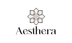 Design de logo elegant cu emblemă florală realizat de flobold pentru brandul de estetică și înfrumusețare Aesthera.