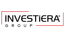 Design de logo modern cu textul INVESTIERA GROUP încadrat în linii roșii și negre, realizat de flobold.