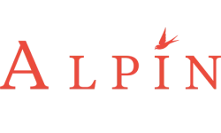 Design de logo elegant cu textul ALPIN scris în nuanțe roșii și o pasăre stilizată, realizat de agenția flobold.