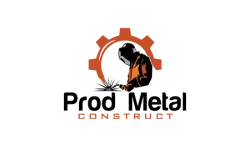 Design de logo industrial realizat de flobold pentru compania Prod Metal Construct, cu simbol grafic de roată dințată și sudor.